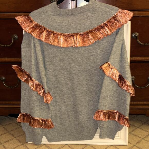 J. Crew 100% gray cashmere sweater w coppery metallized ruffles  M - Picture 3 of 7